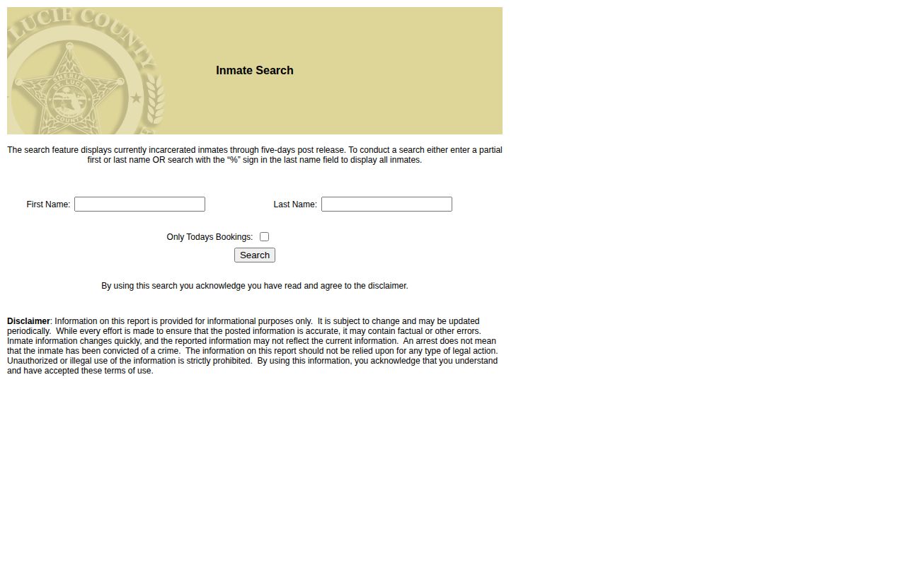St. Lucie County jail roster and same-day booking search fields
