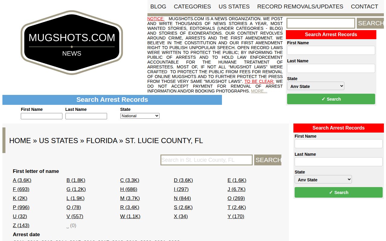 Mugshots.com unofficial St. Lucie County historical archive