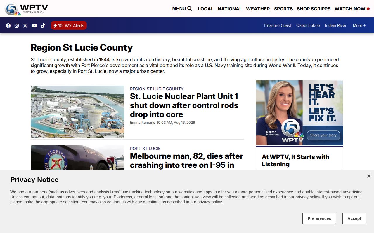 WPTV St. Lucie County news stream with local arrest coverage